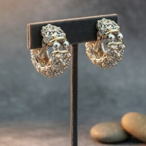 Vintage Two-Tone Caviar Beaded Huggie Hoop Clip-On Earrings